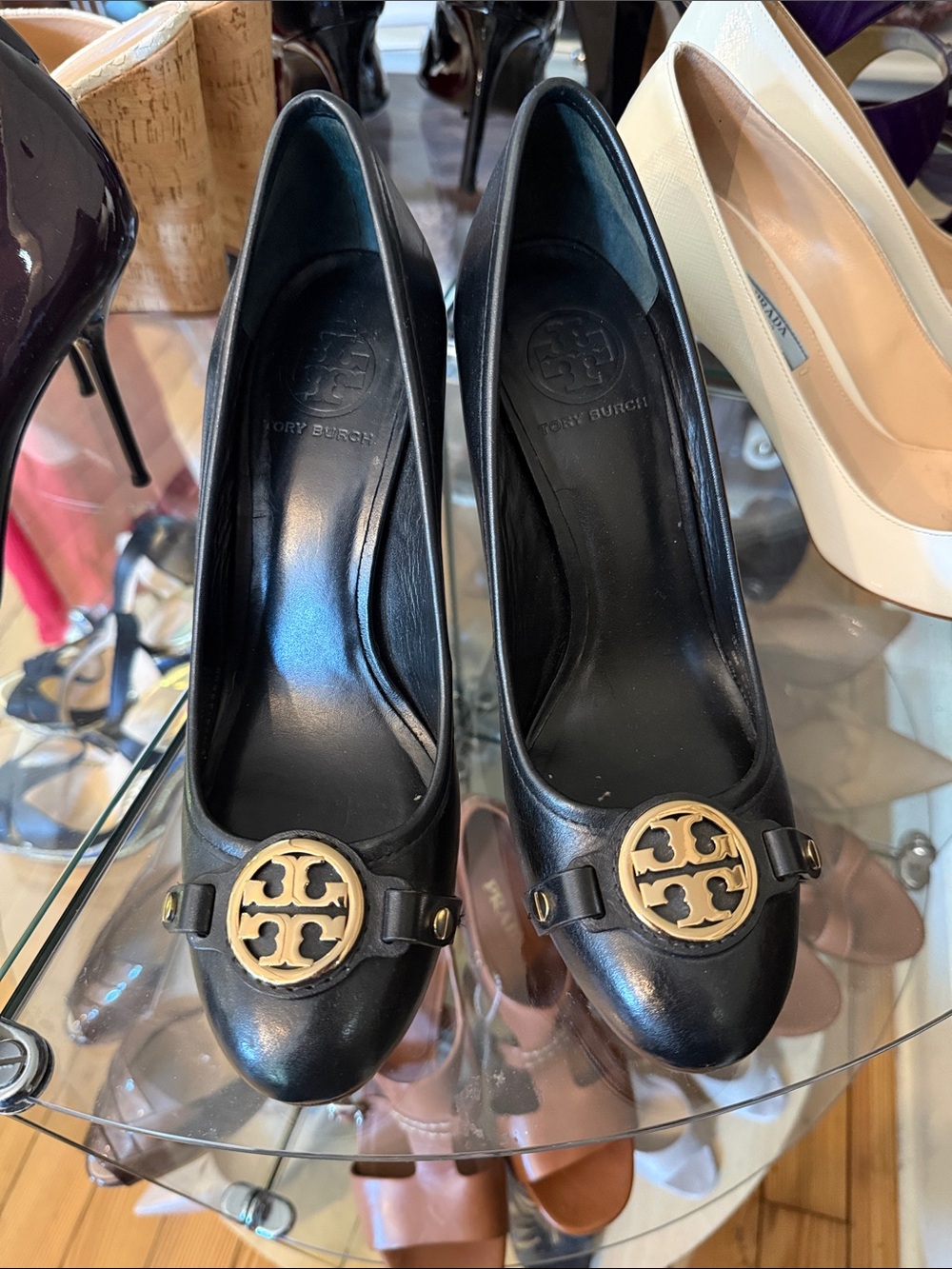 Tory Burch Black Leather Logo Medallion Heels